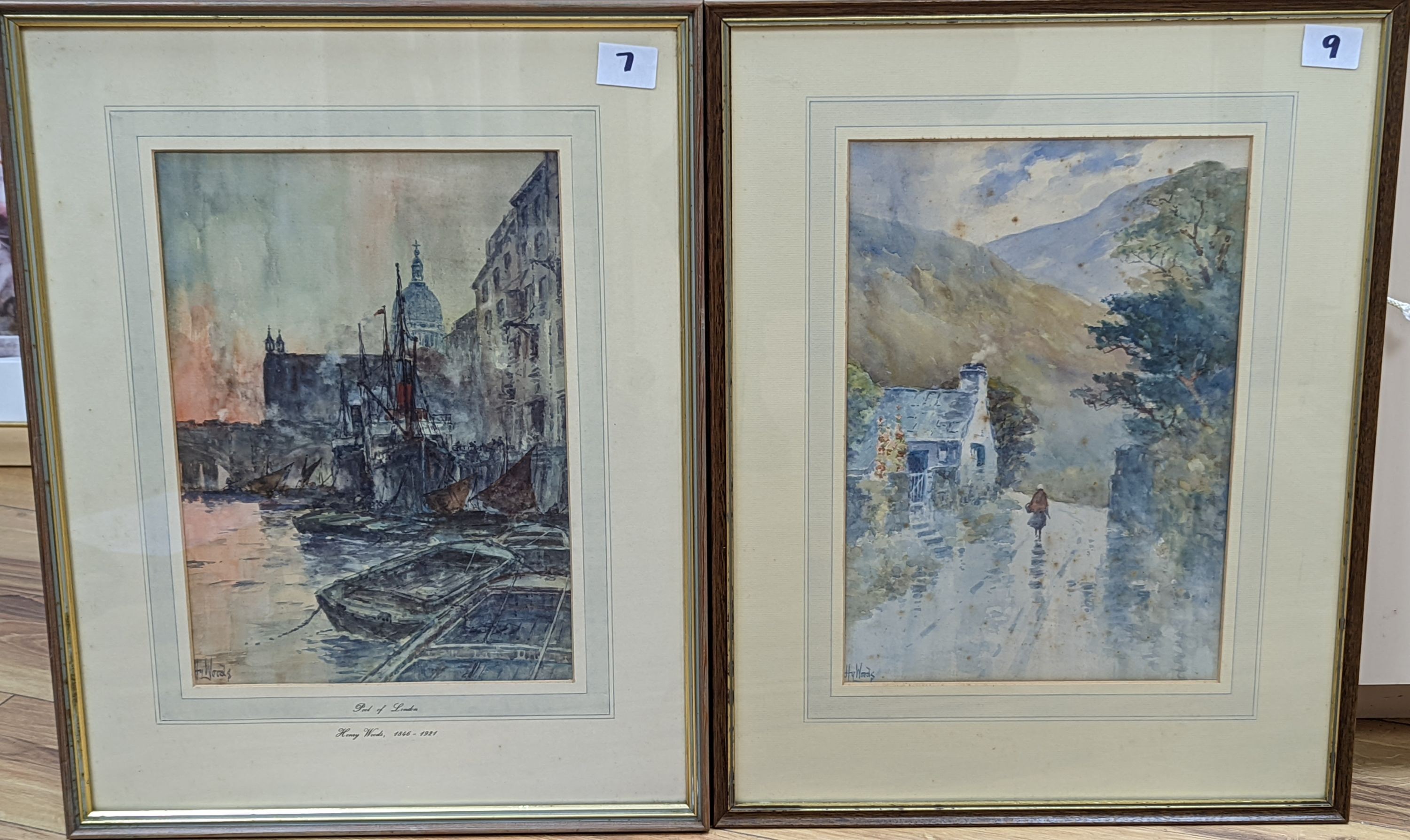 Henry Woods (1846-1921), two watercolours, Pool of London and Figure on a lane, signed, 37 x 25cm